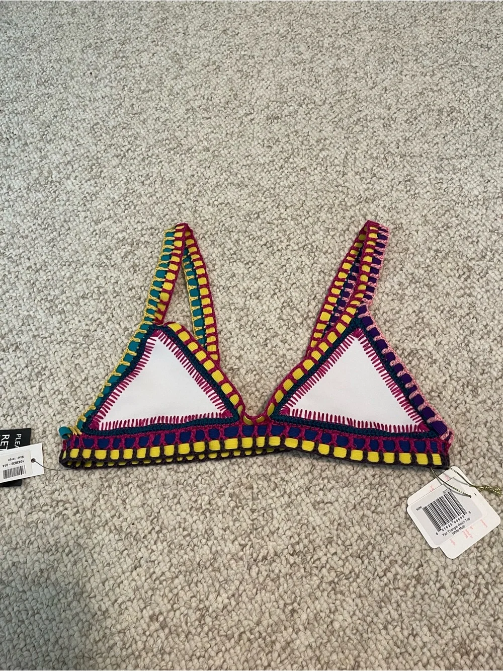 NWT KIINI Yaz White Triangle Bikini Top with Multicolor Crochet Trim Large